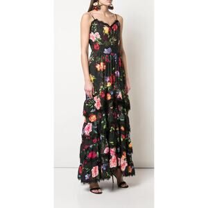 Marchesa Notte Lace-trimmed Tiered Floral-print Crepe De Chine Midi Dress Black